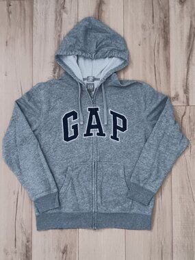 GAP Zip-Up Hoodie Mens Medium Gray Cotton Blend Fleece Lined Logo Sweatshirt